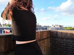 Hot young wife cheats on balcony in mini skirt - riding hard doggy style
