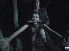Cute teen feels the pain while dominated in the forest